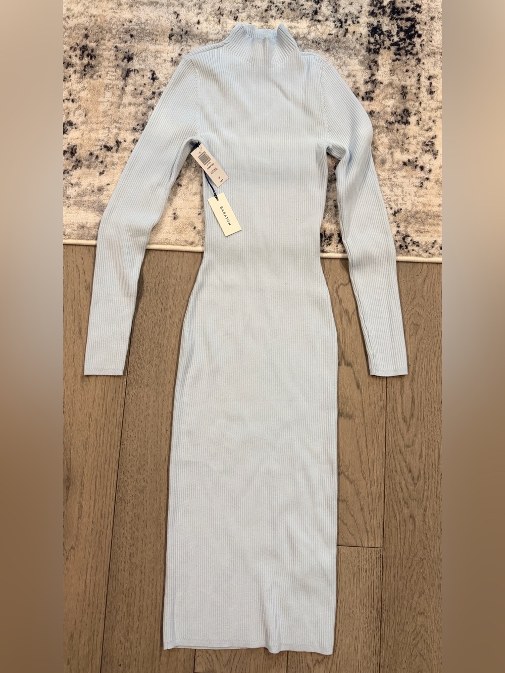 Babaton Light Blue Ribbed Long-Sleeve Midi Dress